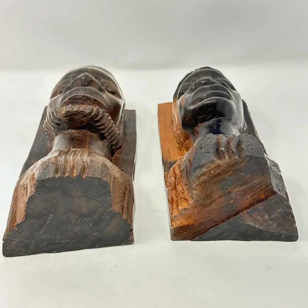 Vintage African Ironwood Bookends Hand Carved Wood Tribal Head Bust Male Female